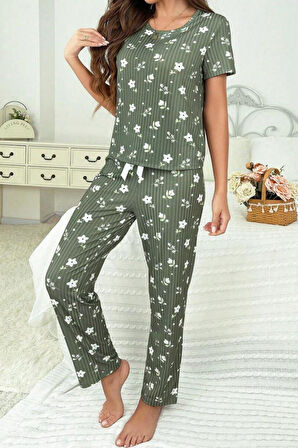 Yeşil Fitilli Floral Kısa Kollu Pijama Takımı 7303