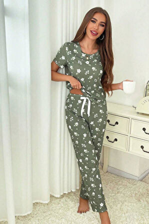 Yeşil Fitilli Floral Kısa Kollu Pijama Takımı 7303