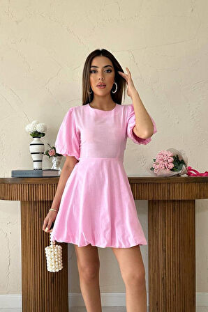 Pembe Arkadan Bağlamalı Keten Elbise