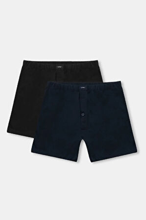 2'li Paket, %100 Pamuklu, Önü Düğmeli, Erkek Penye Boxer Set Siyah & Lacivert