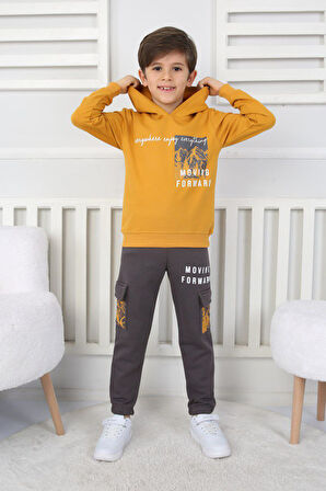 İSOBGİV Dağ Desenli Kapşonlu %100 Pamuk Erkek Çocuk Eşofman Takımı 4-8 Yaş 24054