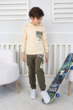 İSOBGİV Dağ Desenli Kapşonlu %100 Pamuk Erkek Çocuk Eşofman Takımı 4-8 Yaş 24054