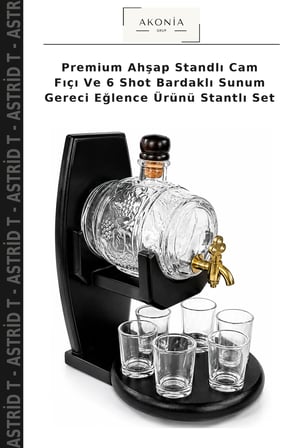 Premium Ahşap Standlı Cam Fıçı Ve 6 Shot Bardaklı Sunum Gereci Eğlence Ürünü Stantlı Set