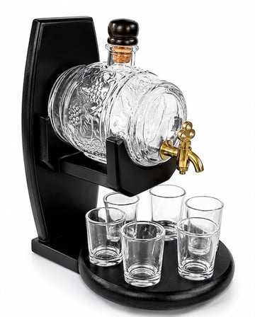Premium Ahşap Standlı Cam Fıçı Ve 6 Shot Bardaklı Sunum Gereci Eğlence Ürünü Stantlı Set