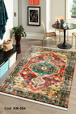 Pamuk Dokuma Taban Kaymaz Yıkanabilir Vintage  Desenli  Salon Halısı Mutfak Halısı Koridor Halısı