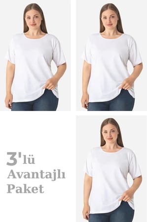 Özel Üretim Gündelik Kıyafet Şık Parça Kadın Büyük Beden Pamuklu Tişört Beyaz 3'lü Paket