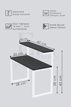 Akik 2 Raflı Metal Çok Amaçlı Mutfak Rafı / Tezgah Üstü Raf Siyah Metal - Beyaz Tabla