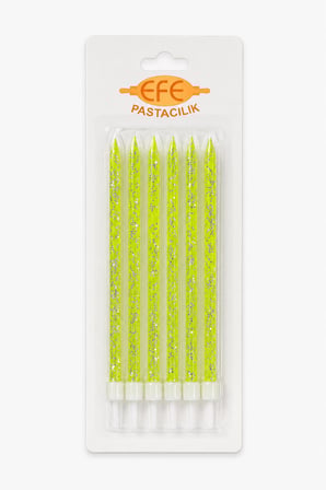 Neon Yeşil Gümüş Simli Uzun Pasta Mumu 17 Cm