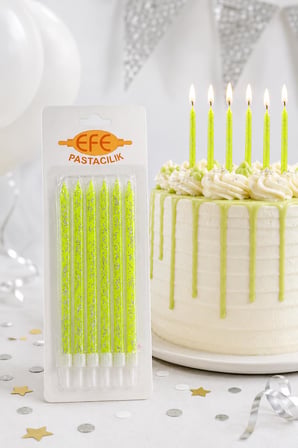 Neon Yeşil Gümüş Simli Uzun Pasta Mumu 17 Cm