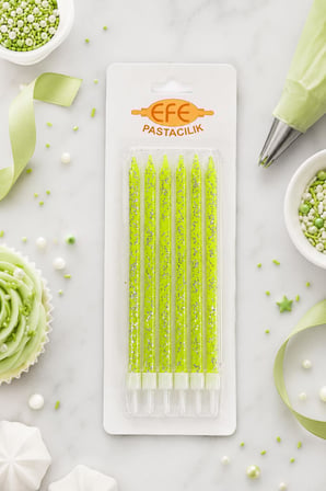 Neon Yeşil Gümüş Simli Uzun Pasta Mumu 17 Cm