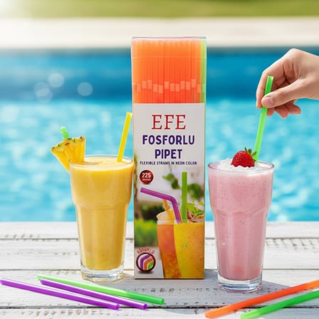 Fosforlu Pipet 24 cm – 225’li Karışık Renk | Kafe Tipi Renkli Uzun Pipet