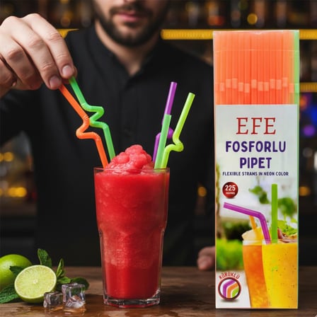 Fosforlu Pipet 24 cm – 225’li Karışık Renk | Kafe Tipi Renkli Uzun Pipet
