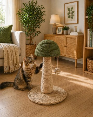 Pureza Yeşil Mantar Tasarımlı Kedi Tırmalama ve Oyuncak Standı – Interaktif Kedi Oyuncağı