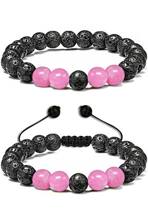 Sertifikalı Doğal Pembe Kuvars Volkanik Lav Taşı Doğal Taş Bileklik Seti