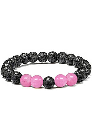 Sertifikalı Doğal Pembe Kuvars Volkanik Lav Taşı Doğal Taş Bileklik Seti