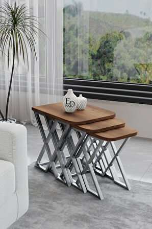 Milano 3'lü Zigon Sehpa Takımı Gümüş Metal - Barok Tabla