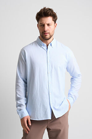 ALEXANDERGARDI Erkek Yakası Düğmeli Uzun Kollu Keten Gömlek (EG-1847-01)