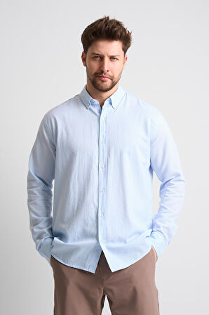 ALEXANDERGARDI Erkek Yakası Düğmeli Uzun Kollu Keten Gömlek (EG-1847-01)