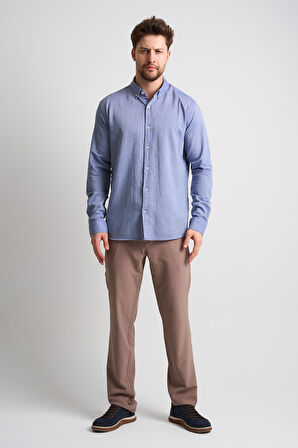 ALEXANDERGARDI Erkek Yakası Düğmeli Uzun Kollu Keten Gömlek (EG-1847-01)