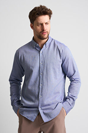 ALEXANDERGARDI Erkek Yakası Düğmeli Uzun Kollu Keten Gömlek (EG-1847-01)