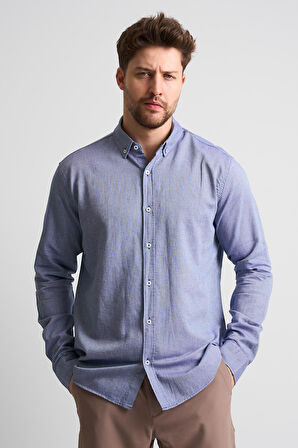 ALEXANDERGARDI Erkek Yakası Düğmeli Uzun Kollu Keten Gömlek (EG-1847-01)