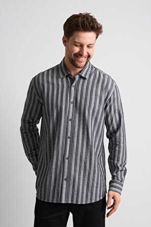 ALEXANDERGARDI Çizgili Uzun Kollu Erkek Keten Gömlek (EG-1866)