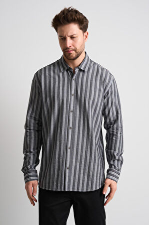 ALEXANDERGARDI Çizgili Uzun Kollu Erkek Keten Gömlek (EG-1866)