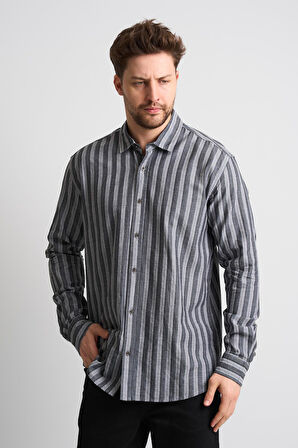 ALEXANDERGARDI Çizgili Uzun Kollu Erkek Keten Gömlek (EG-1866)