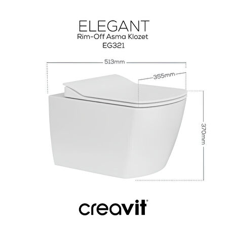 Creavit Elegant Beyaz Kanalsız Asma Klozet EG321, Creavit Elegant Duroplast Yavaş Kapak