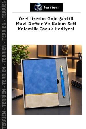 Özel Üretim Gold Şeritli Mavi Defter Ve Kalem Seti Kalemlik Çocuk Hediyesi
