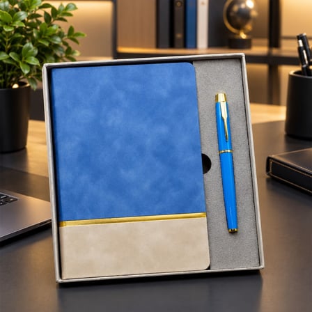 Özel Üretim Gold Şeritli Mavi Defter Ve Kalem Seti Kalemlik Çocuk Hediyesi