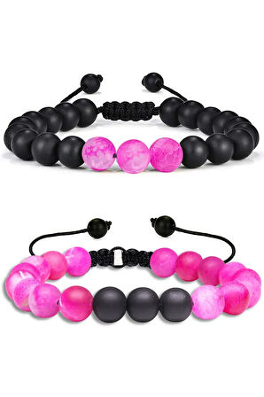 Sertifikalı Doğal Pembe Akik Oniks Taşı Doğal Taş Bileklik Seti