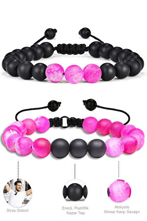 Sertifikalı Doğal Pembe Akik Oniks Taşı Doğal Taş Bileklik Seti