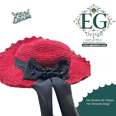 EG Design Red Passion – Siyah İnci ve Fiyonk Detaylı Kırmızı Kağıt İp Şapka | EG Tasarım