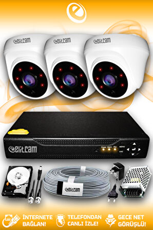 ELITCAM 3 Kameralı Dome 3 İç Kamera Set 100 GB HDD Full HD Gece Görüşlü Güvenlik Kamerası Sistemi