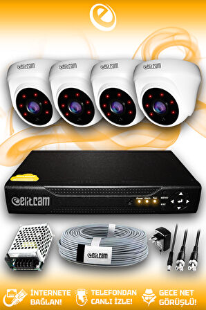 ELITCAM 4 Kameralı Dome 4 İç Kamera Set HDD'siz Full HD Gece Görüşlü Güvenlik Kamerası Sistemi