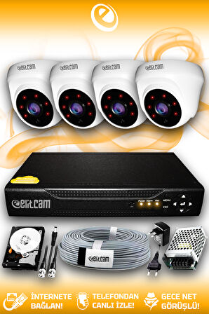 ELITCAM 4 Kameralı Dome 4 İç Kamera Set 500 GB HDD Full HD Gece Görüşlü Güvenlik Kamerası Sistemi