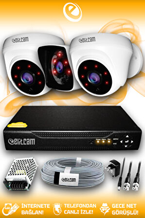 ELITCAM 3 Kameralı Kare 2 İç Kamera Set HDD'siz Full HD Gece Görüşlü Güvenlik Kamerası Sistemi