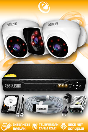 ELITCAM 3 Kameralı Kare 2 İç Kamera Set 320 GB HDD Full HD Gece Görüşlü Güvenlik Kamerası Sistemi