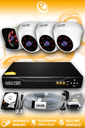 ELITCAM 4 Kameralı Kare 3 İç Kamera Set 500 GB HDD Full HD Gece Görüşlü Güvenlik Kamerası Sistemi