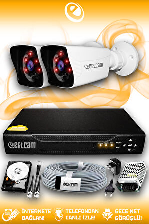 ELITCAM 2 Kameralı Kare 2 Dış Kamera Set 500 GB HDD Full HD Gece Görüşlü Güvenlik Kamerası Sistemi