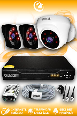 ELITCAM 3 Kameralı Kare 1 İç Kamera Set HDD'siz Full HD Gece Görüşlü Güvenlik Kamerası Sistemi