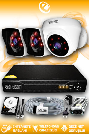 ELITCAM 3 Kameralı Kare 1 İç Kamera Set 320 GB HDD Full HD Gece Görüşlü Güvenlik Kamerası Sistemi