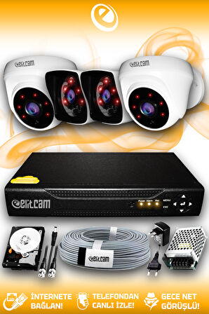 ELITCAM 4 Kameralı Kare 2 İç Kamera Set 1 TB HDD Full HD Gece Görüşlü Güvenlik Kamerası Sistemi