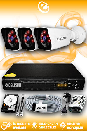ELITCAM 3 Kameralı Kare 3 Dış Kamera Set 250 GB HDD Full HD Gece Görüşlü Güvenlik Kamerası Sistemi