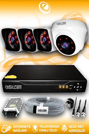 ELITCAM 4 Kameralı Kare 1 İç Kamera Set HDD'siz Full HD Gece Görüşlü Güvenlik Kamerası Sistemi