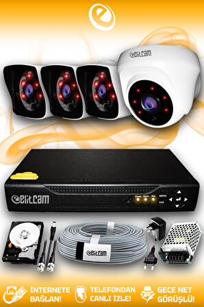 ELITCAM 4 Kameralı Kare 1 İç Kamera Set 100 GB HDD Full HD Gece Görüşlü Güvenlik Kamerası Sistemi