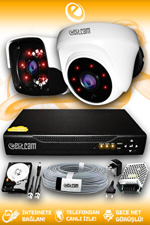 ELITCAM 2 Kameralı Panda 1 İç Kamera Set 2 TB HDD Full HD Gece Görüşlü Güvenlik Kamerası Sistemi