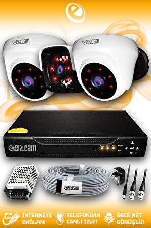 ELITCAM 3 Kameralı Panda 2 İç Kamera Set HDD'siz Full HD Gece Görüşlü Güvenlik Kamerası Sistemi