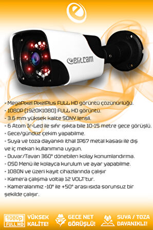 ELITCAM 3 Kameralı Panda 2 İç Kamera Set HDD'siz Full HD Gece Görüşlü Güvenlik Kamerası Sistemi